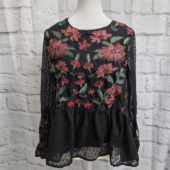 American Eagle Outfitters Peplum Top with Red Floral Embroidery Size Large - Picture 2 of 16